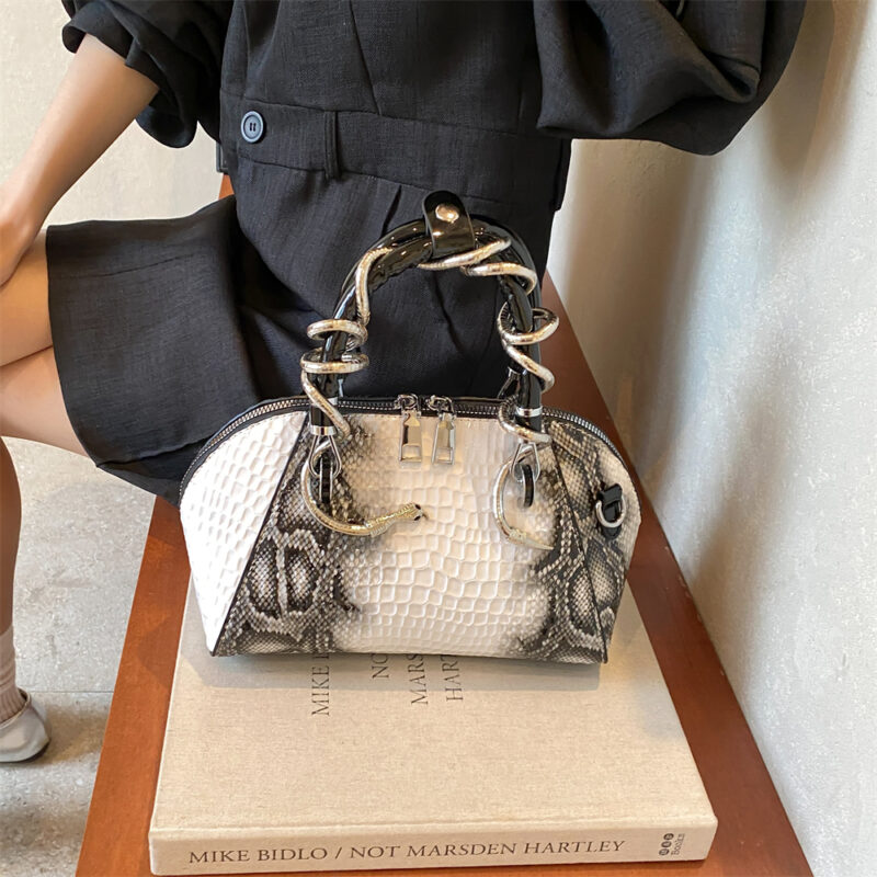 Crocodile Pattern Top-Handle Shell Bag with Snake Hardware, Shoulder & Crossbody Style - Image 6