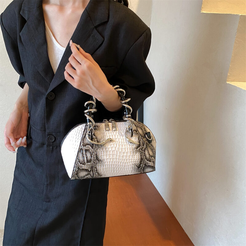 Crocodile Pattern Top-Handle Shell Bag with Snake Hardware, Shoulder & Crossbody Style - Image 3