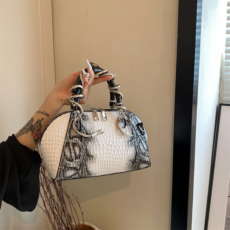 Crocodile Pattern Top-Handle Shell Bag with Snake Hardware, Shoulder & Crossbody Style - Image 2